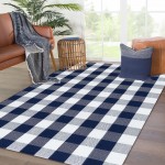  KOZYFLY Buffalo Plaid Area Rugs Navy and White Large Outdoor Rug  